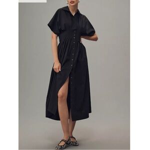 Anthropologie Exquise The Tobie Shirt Dress Midi Black Sz L  Pleated  Luxury